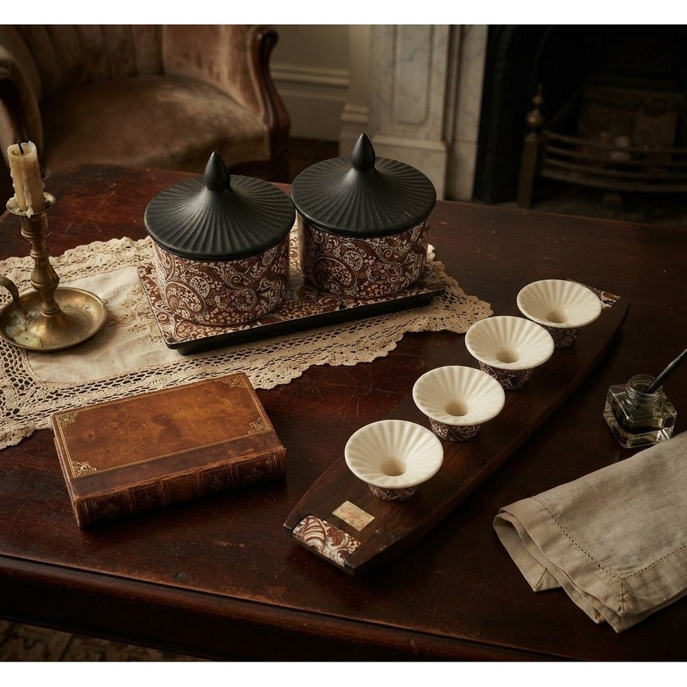 Hyalyn Porcelain MCM Paisley Set Covered Bowls Serving Tray Candle Holders